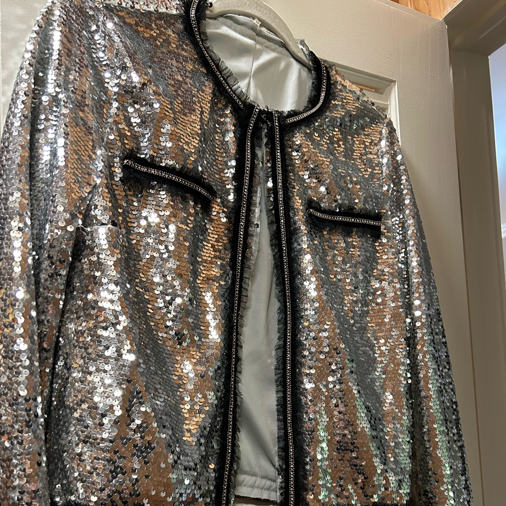 Boutique Silver Sequin Blazer with Black Trim